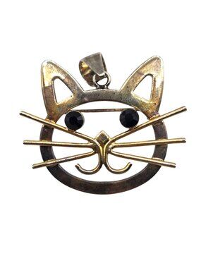 Cat Face Gold-Tone Pendant & Brooch Combo With Black Rhinestone Eyes